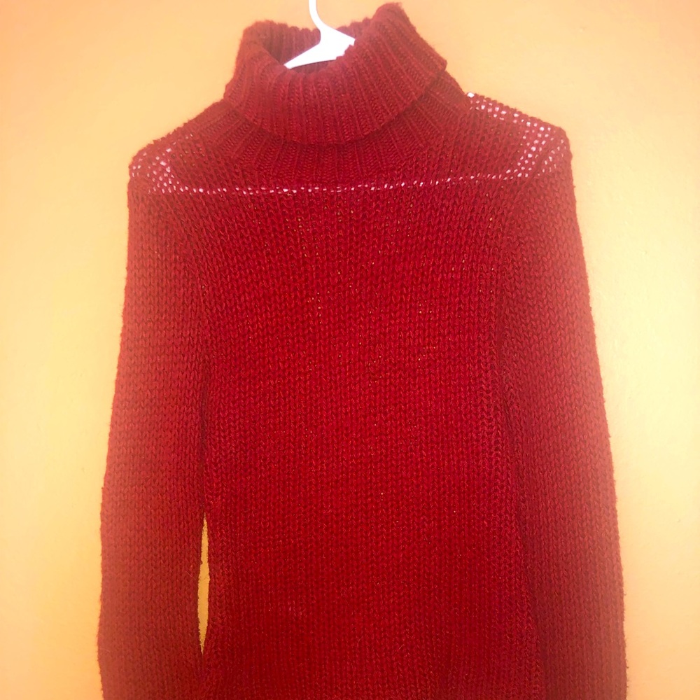 Deep red sheer turtleneck sweater